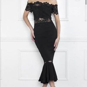 NICOLE BAKTI 634 FLORAL LACE NUDE ILLUSION MESH OFF SHOULDER DRESS